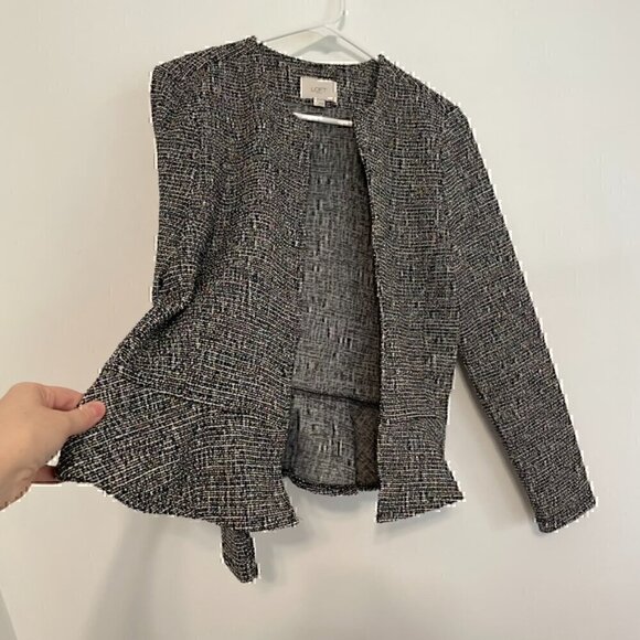 ANN TAYLOR LOFT Outlet Black White Rainbow Tweed Peplum Open Front Blazer Jacket - Picture 6 of 13